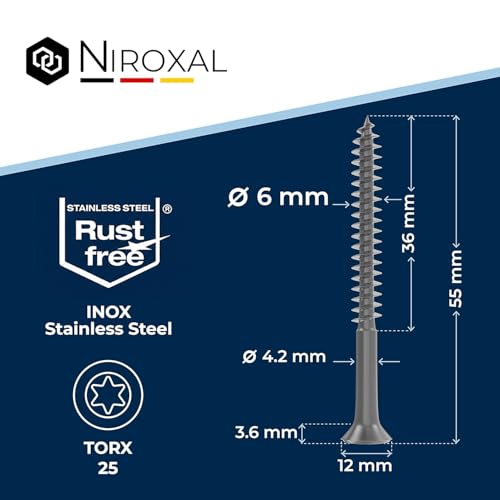 #14-2-1/4″ Exterior Wood & Fence Screws 6x55mm Stainless Steel Flat Head Deck Screws Partial Thread 6mm Strong 55mm Long 200 Pieces Rust Resistant A2 55 mm ≈ 2.17 in