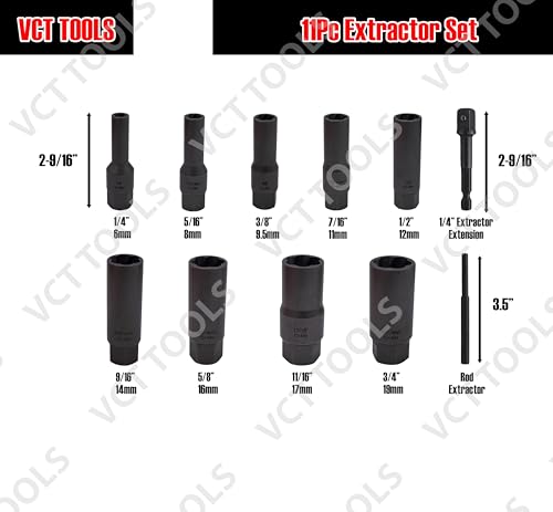 VCT 11pc 3/8 Dr Spiral Deep Deepwell Extractor Set for Removing Studs, Bolts, Fittings, Spark-Plugs, Broken nuts, Threaded Tubes, Lug nuts