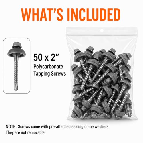 Polycarbonate Tapping Screws for Metal – 2" Outdoor Screws with Expansion Cutters & Sealing Dome Washers – Waterproof, Anti-Corrosion – Fencing & Exterior Projects 50 Pack