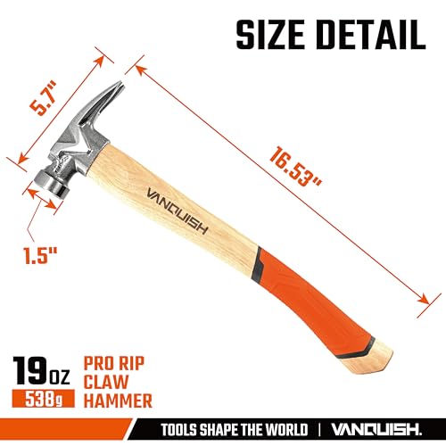 VANQUISH Framing Hammer 19 oz Curved Hickory Handle Straight Rip Claw 19oz Coated Hickory Handle