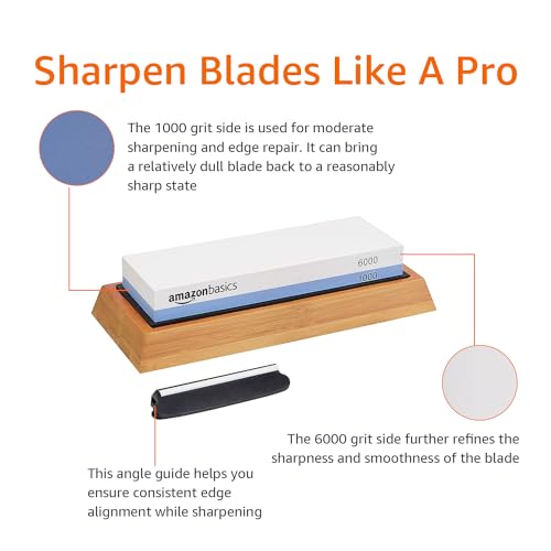 Amazon Basics Whetstone Knife Sharpening Stone, Double-Sided 1000/6000 Grit with Angle Guide, Non-Slip Bamboo Base, Black & Grey Grit: 1000/6000