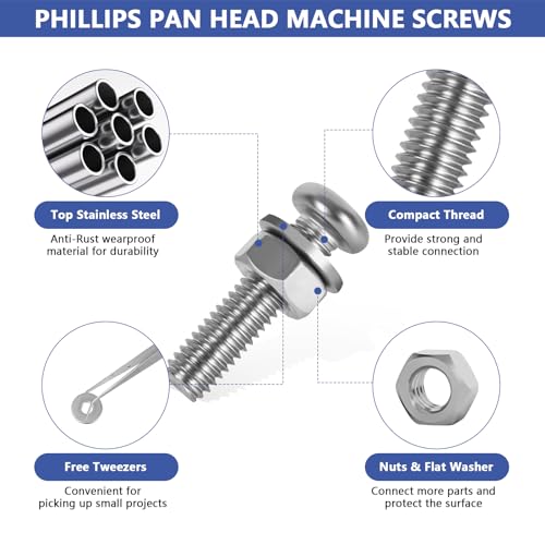 990Pcs Phillips Pan Head Machine Screws M2 M3 M4 M5 M6, Nuts and Bolts Assortment Kits, SUVICTONG Stainless Steel Metric Screws 8/12/16/20mm with Flat Washers and Tweezers Metric Kit-990pcs