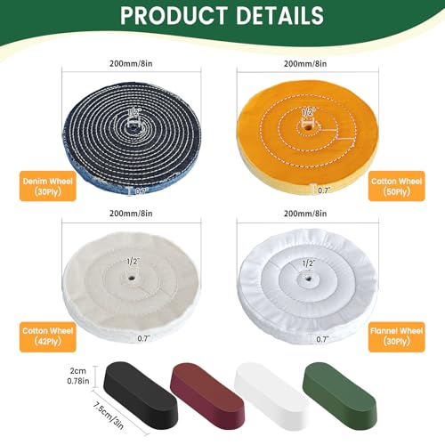 8PCS 8 Inch Buffing & Polishing Wheel Kit for Bench Grinder, 1/2" Arbor Hole, Denim/Yellow/White/Flannel Polishing Wheels with 4 Buffing Compound Set,Polishing Rouge Bars 8 Inch - 8 PCS