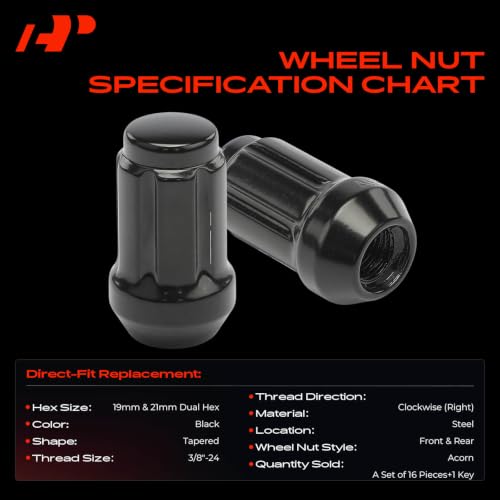 A-Premium Front & Rear 3/8"-24 Wheel Lug Nuts with Socket Key, Set of 17