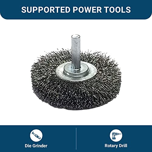 Benchmark Abrasives 2.5 Inch Grinder Mounted Crimped Wire Wheel for Drill with 1/4" Shank, Steel Brush for Rust Removal, Cleaning, Deburring on Cast Iron, Steel Rotary Tools (5 Pack) - Carbon Steel