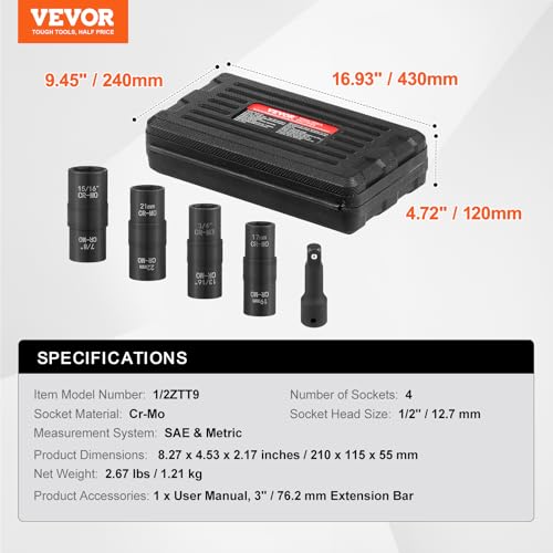 VEVOR Lug Nut Impact Socket Set 1/2-Inch Drive, 8-IN-4 Flip Socket Design, Covers Most Commonly Used SAE & Metric Wheel Nuts, CR-MO Steel 8-IN-4 Flip Design 1/2" 5PCS 6PT