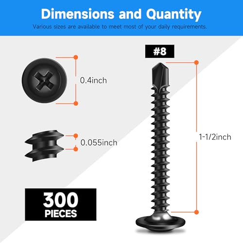 300Pcs #8 x 1-1/2" Black Self Tapping Screws for Metal, 410 Stainless Steel, Sheet Metal Screws for Metal, Truss Head High-Strength Quick Tapping #8×1-1/2" 300