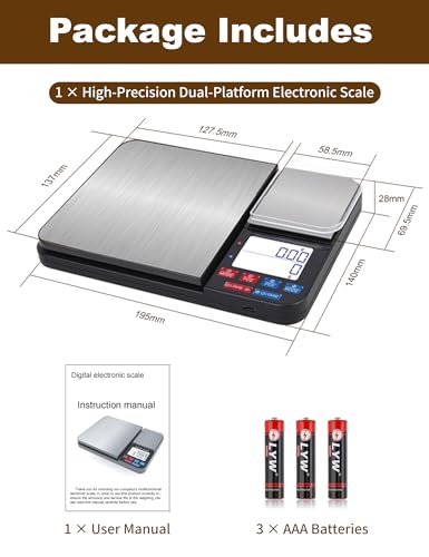 Dual Platform Digital Kitchen Scales, 10kg/1g & 500g/0.01g High Precision Food Scales for Baking, Cooking & Coffee, Stainless Steel Weighing Scales with Backlit LCD, Tare & PCS