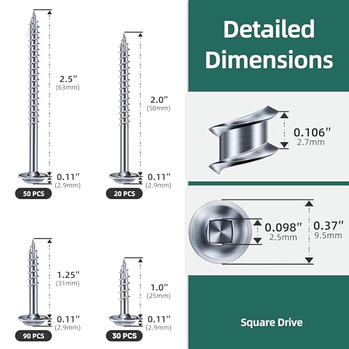 (20 Sets) 1/4-20 x 1-1/2 Carriage Bolts with Nuts and Washers & 190Pcs #8 Pocket Hole Screws Assortment Kit, Self-Tapping Tip Square Drive Wood Screw for Furniture with 150mm Drill Bit