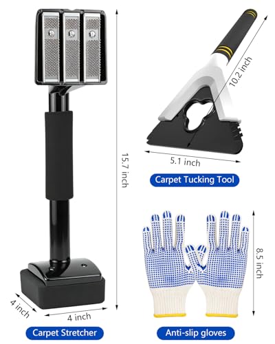 Carpet Knee Kicker Tool Kit with Carpet Tucker, Stretcher Tools for Carpet Stretching and Tucking with Anti-slip Gloves for Carpet Installation Work