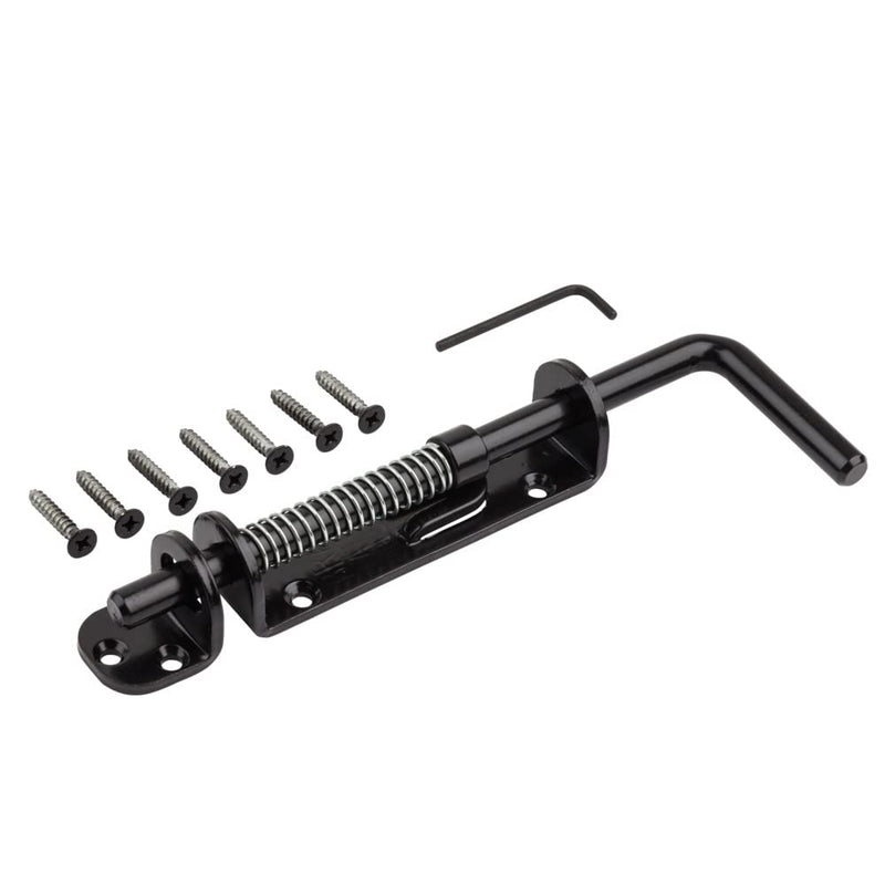 National Hardware N109-214 V1142 Spring Loaded Heavy Duty Sliding Door Bolt Latch - Black Steel Security Lock for Gates, Sheds and Stalls - Left or Right Hand Operation