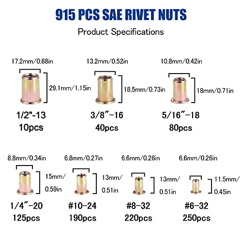 Rivet Nut Kit, 915pcs SAE + 915pcs Metric Threaded Rivnut Assortment, Zinc Plated Carbon Steel Nut Inserts Rivnuts Nutserts Kit - JROUTH