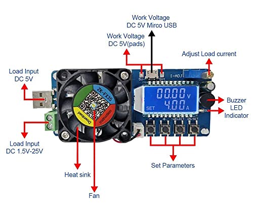 WANGCL DC Electronic Load Tester FX35 5A 35W Constant Current USB Power Detector Battery Capacity Tester Adjustable Resistance LCD Display