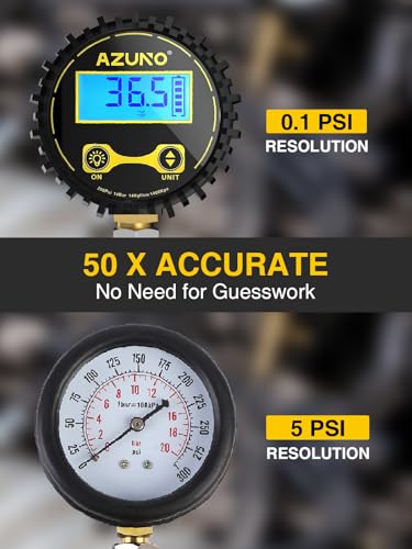 AZUNO Compression Tester Automotive, Digital Compression Gauge 200 PSI for Petrol Engine Cylinder Compression Tester Kit with Adapter & Hose