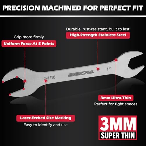 19-Piece Super Thin Open-End Wrench Set, SAE 1/4"-1-1/16" & Metric 5.5–27 mm, 3 mm Thickness Slim Wrench Set for Tight Spaces, Nickel Plated Flat Wrenches with Red & Blue Rolling Storage Pouches 19-Pc MM/SAE (3mm Super Thin)