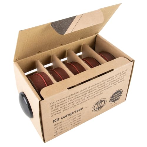 O'SKOOL Turner’s Sanding Pack Abrasive Strip Kit 5 Grits with Dispenser for Wood Turners, Furniture Repair, Woodworkers, Metal Workers, Automotive Body Work | 150, 240, 320, 400, 600 Grit Rolls, SF02A