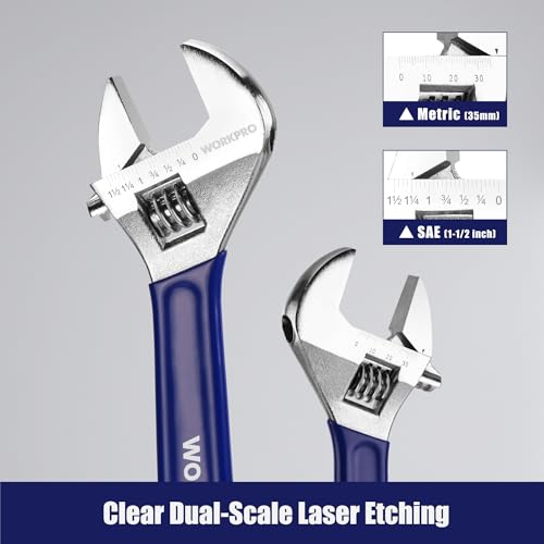 WORKPRO 4-Piece Wide Jaw Adjustable Wrench Set, 6"-12", Chrome Plated Blue
