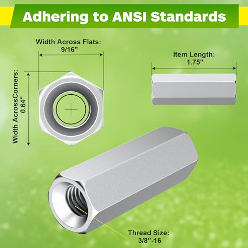 Hex Coupling Nuts 1.75-Inch, 1/4"-20, 1/2"-13, 3/8"-16 (90 PCS), Ideal for Threaded Rods & Studs