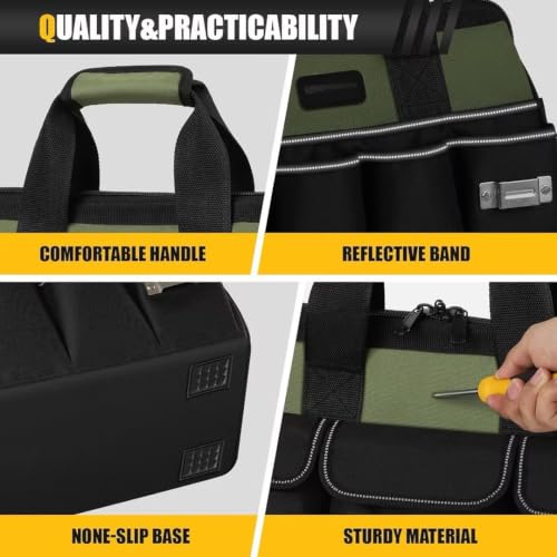 16 Inch-Wide Mouth Tool Bag, Waterproof Tool Organizer Bag, Heavy Duty Tool Bag for Tool Storage, Carrier and Organizer, Adjustable Shoulder Strap, Inside Pockets (Olive Green) Olive Green 16 IN
