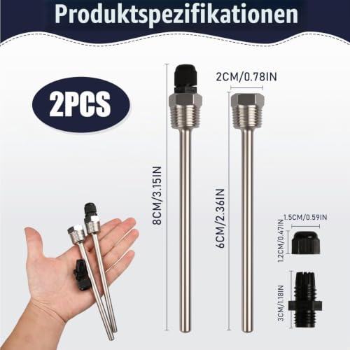 2x Immersion Sleeve 1/2 Inch Stainless Steel for Temperature Sensor and Temperature Sensor | Robust protective tube (8 x 150 mm), waterproof G1/2 connection, ideal for solar thermal, water tank or heating systems
