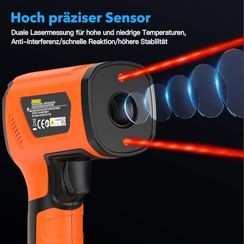 Infrared Thermometer MESTEK -40°C to 1600°C High Temperature Digital Laser Temperature Meter with K-Probe IR Pyrometer Non-Contact LCD Alarm Adjustable Emissivity for Kitchen Industry IR05A-Orange