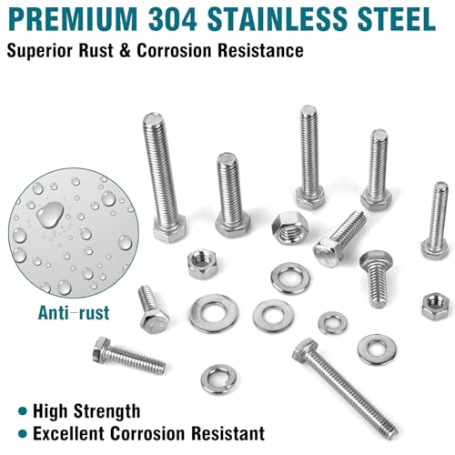 260 Pcs SAE Bolts and Nuts Assortment Kit, 1/4-20, 5/16-18, 3/8-16 Hex Machine Screws with Nuts & Washers, 304 Stainless Steel, Rust-Resistant for Indoor & Outdoor Use with Storage Case