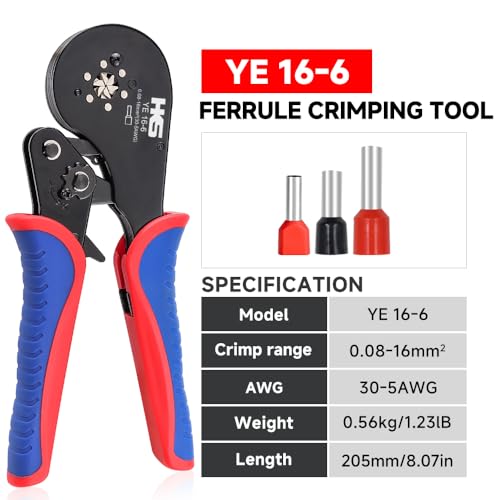 HKS Ferrule Crimping Tool AWG 30-5, Hexagonal Self-Adjusting Ratchet Crimper for End-Sleeves, Wire Ends Terimnals (Crimper 16-6) 16-6 Crimper