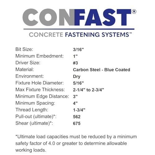 CONFAST 1/4" x 3-3/4" Blue Flat Phillips Concrete Screw Anchor 1/4" x 3-3/4"