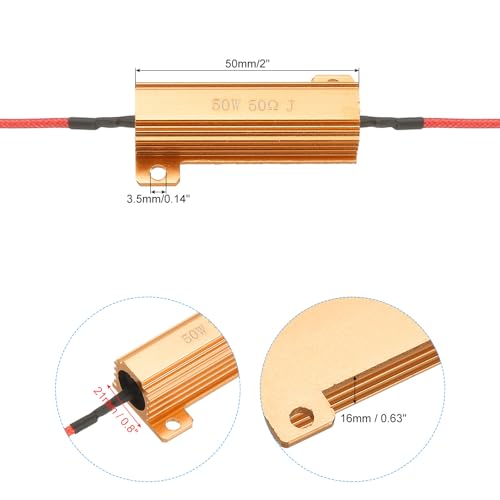 PATIKIL Pack of 2 50 W 50 Ohm 5% Tolerance Aluminum Housing Resistors Resistance Assortment with Clips Wire Wound Resistors Screw Tap Power Resistance for Machines Electronics DIY Project Golden 50 Ohm 50 W