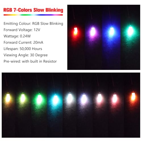 YIXISI 40 Pieces 5 mm RGB 7 Colors Slow Flashing Diodes Light, 12 V 20 cm Pre-Wired LED, Diffuse Emitting Light Emitting Diode, LED Light Emitting Diodes Pre-Wired 5mm - Slow Flashing - Pre-Wired
