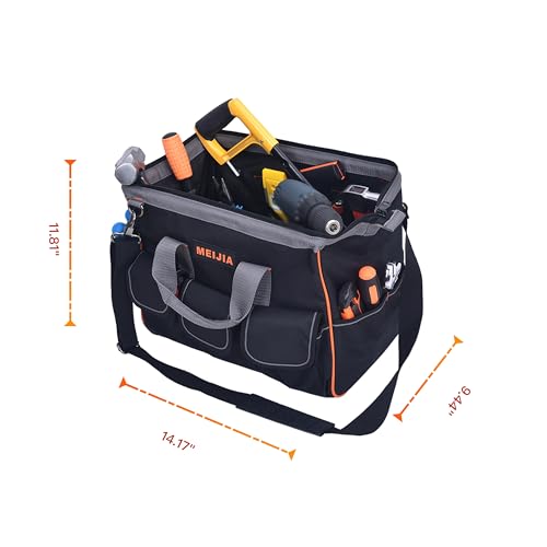 MEIJIA Heavy Duty Waterproof Tool Bag,14-Inch Wide Mouth Canvas Tool Organizer With Adjustable Shoulder Strap 14" Deluxe