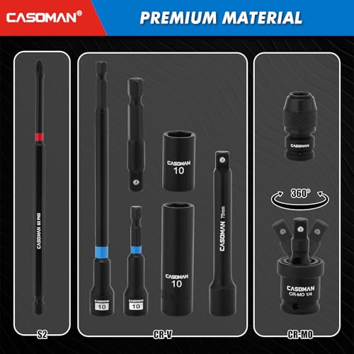 CASOMAN 52-Piece 1/4" Magnetic Nut Driver Set & 1/4" Dr. Shallow and Deep Impact Socket Set, Metric, Includes Adapter, Extension Bar, Universal Joint and Long Impact Bit