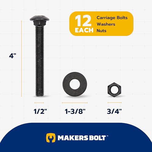 1/2 in. x 4 in. Black Carriage Bolt Kit Includes 12 Bolts, 12 Washers, and 12 Nuts, Ceramic Black Ruspert Coated for Exterior Use - 2X Rust Resistance of Galvanized by Makers Bolt 1/2 x 4