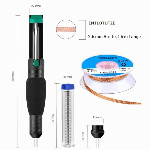 Desoldering Wick, Desoldering Pump, Solder Sucker, Solder Wick, 2 x Solder Braid (2.5mm Width, 1.5m Length), Replacement Tip, Desoldering Pump, Soldering Tool 6-in-1 Set