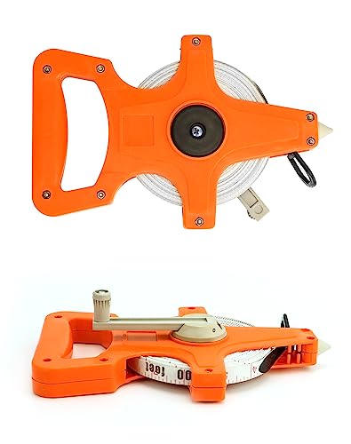 QWORK 1/2" x 100' Fiberglass Tape Measure, 4 Pack Engineer's Open Reel Dual Sided Measure, Orange Orange - 4 pack 100 ft
