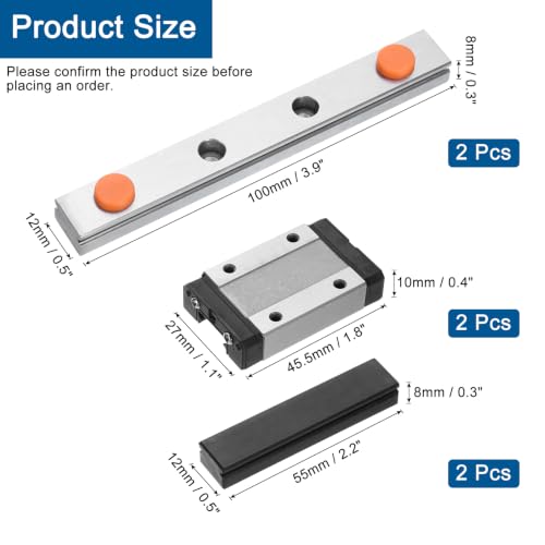 sourcing map 2pcs MGN12 100mm Linear Guide Rail with 2pcs MGN12H Sliding Carriage Block Bearing Steel and 2pcs Plastic Mini MGN12 Linear Guide for DIY 3D Printers and CNC Machine, Black