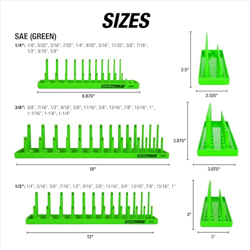OEMTOOLS 22233 6-Pc SAE & Metric Socket Tray Set for Sizes 1/4", 3/8”, 1/2" Black/Green