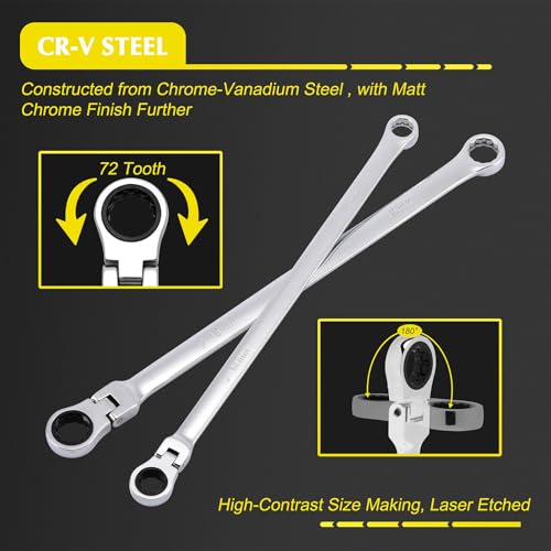 EMENTOL 27PCS Extra Long Flex Head Ratcheting Wrench Set, CR-V, Double Box End Ratchet Wrench Set with 8mm - 22mm, E8 - E22, 1/4", 3/8", 1/2" Socket Adapters Replacement Heads 27PCS WRENCH SET