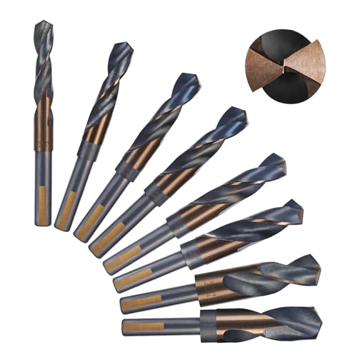 Reduced Shank Drill Bits Set, 8 Pcs Silver and Deming Large Drill Bit Set with Aluminum Index Case, M2 Black and Gold Finish HSS, 135-Degree Split Point for Smooth Drilling, 9/16” - 1” 8PCS