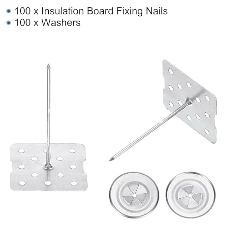 PATIKIL 50mm Perforated Insulation Pins with Round Washer,100 Sets 2in Insulating Nails Wall Plug for Fixing Foam Boards to Wall or Ceiling