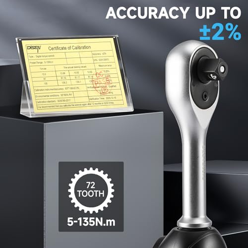 DISEN 3/8 inch Digital Torque Wrench (5-135 N.m / 3.7-99.6 Ft.lb), ±2% Accuracy, 8 Presets & 500 Data Memory, 5 Units, LED & Buzzer Alert, Tracking/Peak Modes, for Automotive Motorcycle Bicycle DIY
