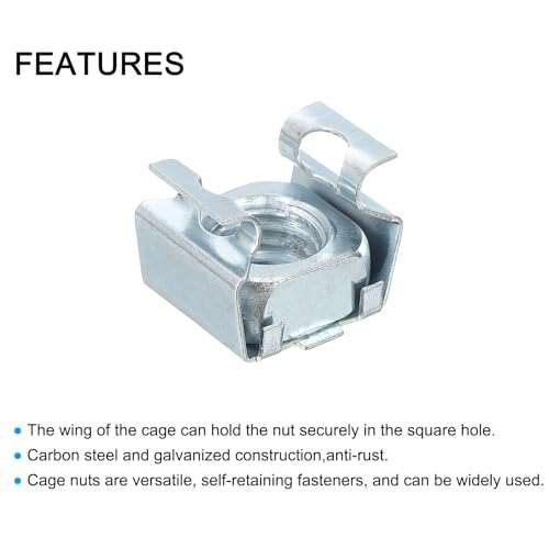 uxcell M12 x 1.75mm Cage Nut, 50Pcs Snap-in Cage Nuts, Carbon Steel Zinc Plated Metric Nut for Server Rack Cabinet, Silver 50