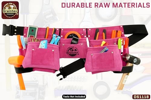 Graintex DS1118 8 Pocket Pink Tool Belt in Suede Leather with 2” Webbing Belt, 2 Leather Hammer Holders Loops 1