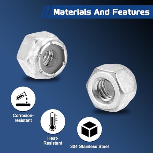 225Pcs Nylon Locking Hex Nuts Kit - [#4,#6,#8,#10,1/4",5/16",3/8",1/2"], 304 Stainless Steel Hardware Nuts, Silver, for Automotive, Aerospace, Industrial Applications Use