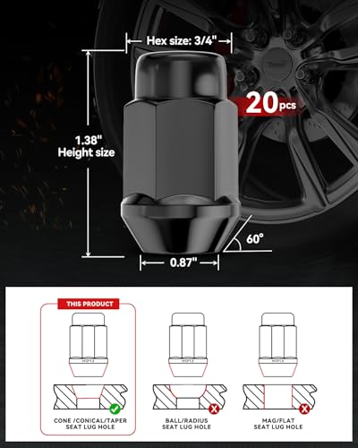 20PCS M12x1.5 Lug Nuts 60°Conical Seat for Ford Honda Mazda Black