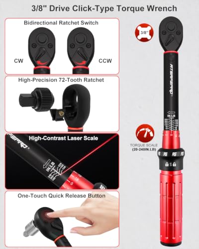 ATsafepro 3/8" Drive Inch Pound Torque Wrench 20-240 IN.LB, +/-3% Accuracy