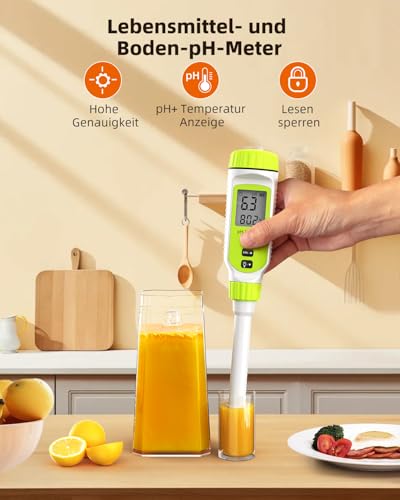 Tadeto pH Meter, High Precision Digital pH Tester for Water, Soil, Pool, Floor, Drinking, Garden, pH Meter with Thermometer LCD Display and Calibration Set and Alloy Protective Cap Green