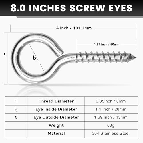8Pcs Self Tapping Eyelet Screw Eye Bolt，4 Inch Heavy Duty Screw Eyes Hooks ，M8 Wooden Large Screw Eye Hook，Load Capacity 500 Lbs for Hammock ，Yoga，Heavy Indoor Outdoor Uses (8, M8-4 INCH) 8
