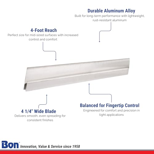 Bon Featheredge - Aluminum 4' with 4 1/4" Wide Blade for Smooth Surface Finishing – Lightweight Aluminum Alloy Tool with Fingertip Control for Plaster, Concrete, and Leveling Work