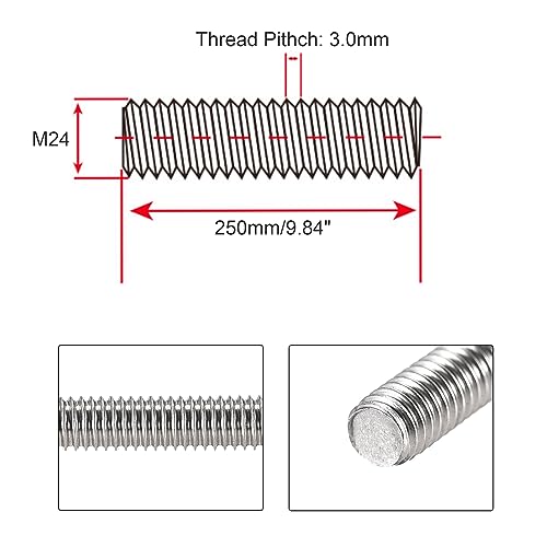 M24 x 250mm Fully Threaded Rod & Studs, 304 Stainless Steel Right Hand Threads Rods, M24-3 Thread Pitch for Anchor Bolts, Clamps, Hangers and U-Bolts 1 Pack M24 (1pcs)